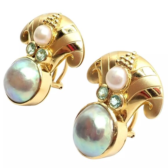 Rare! Vintage Paula Crevoshay 18k Gold Abalone Pearl Blue Gemstone Earrings OOAK - Picture 9 of 15